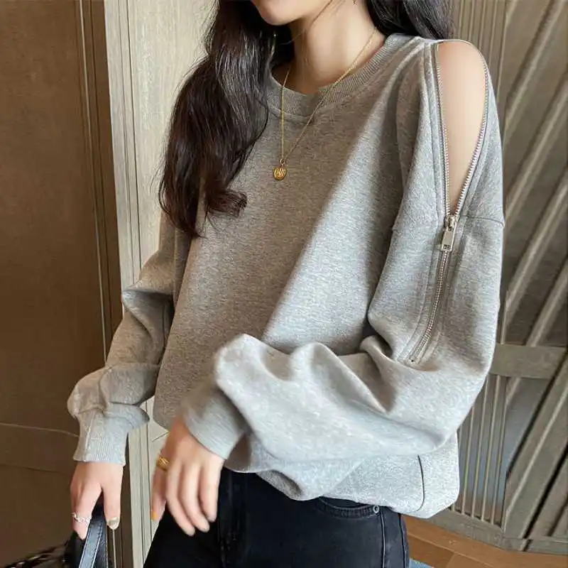 

Spring and Autumn New Sexy and Careful Machine Zipper Off-shoulder Top Loose Thin Long-sleeved Hoodless Sweater