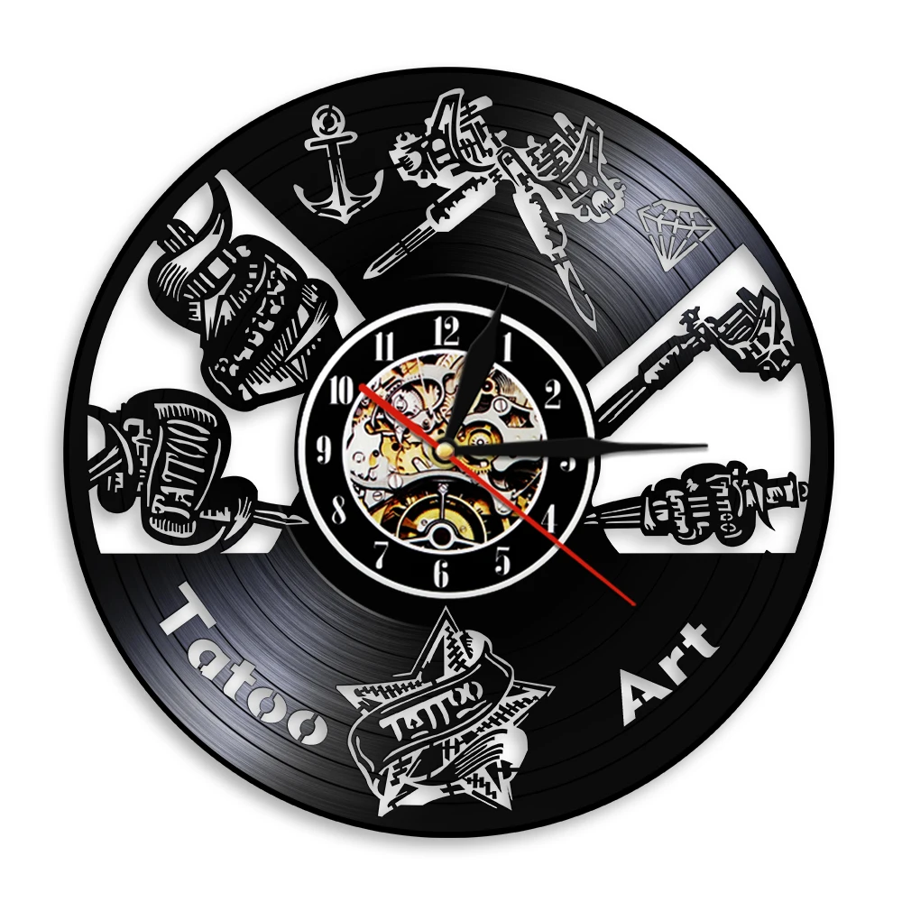 Personalized Tattoo Studio Old School Wall Clock Laser Cut Vinyl LP Record Clock Handicraft Artist  Tattooist Silent Mute Watch
