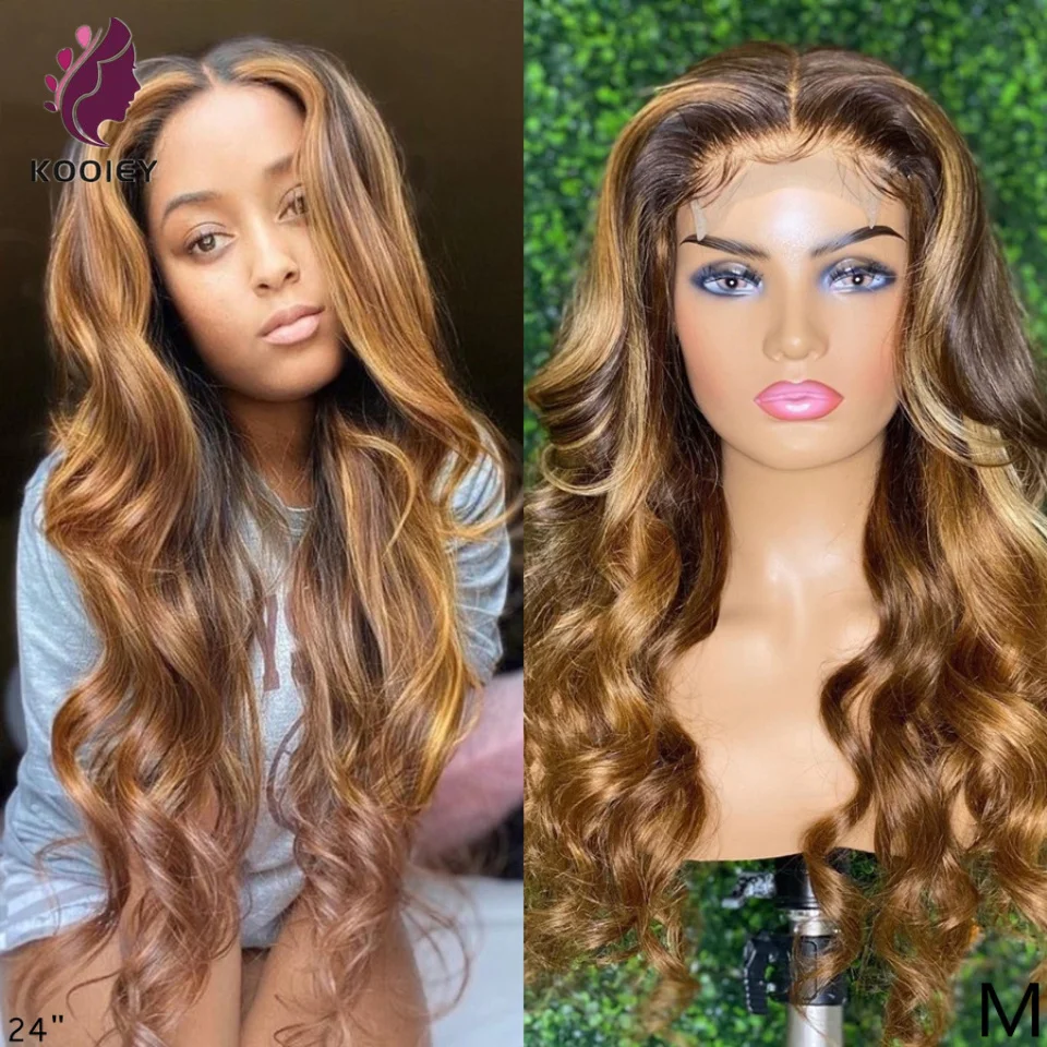 

Highlight Lace Front Human Hair Wigs Honey Blonde Body Wave Wig Brazilian Dark Brown Roots Peruvian Remy PrePlucked 180% Density