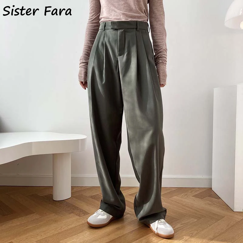 

Sister Fara 2021 Spring Autumn Elegant Straight Suit Pants Women High Waist Full Length Trousers Office Lady Loose Casual Pants