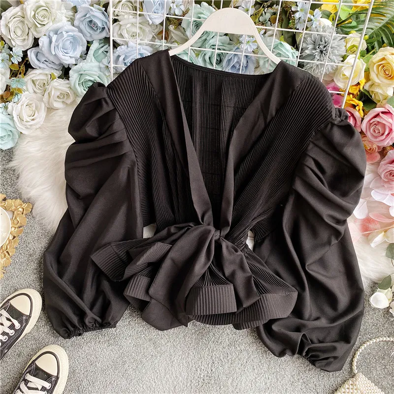 ALPHALMODA 2020 Осенняя Женская милая шифоновая рубашка с длинным рукавом v-образным