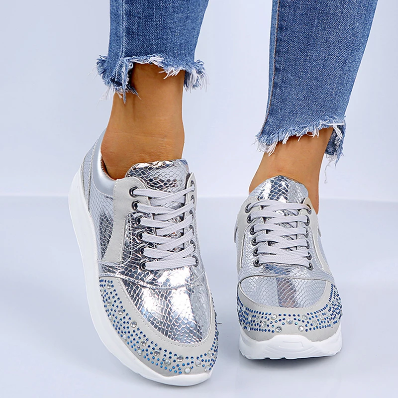 

Women Casual Shoes Patchwork Lace Up PU Crystal Female Sneakers 2020 New Footwear Platform Flat Fashion