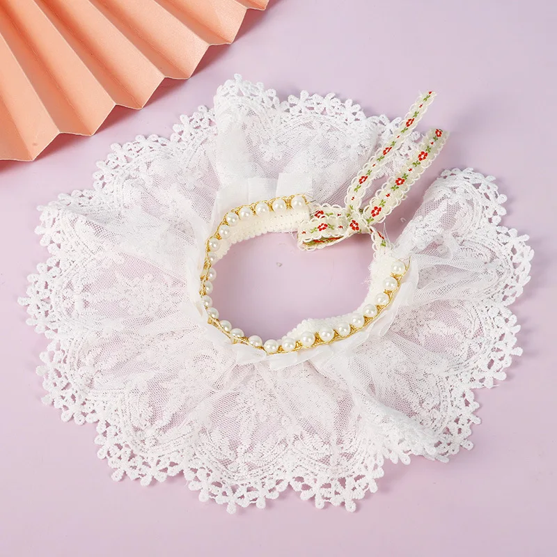 

Pet Cat Necklce for Small Dog Pearl Double Layer Lace Cat Scarf with Beaded Fresh Pricess Style Pet Decoration Scarf Pet Collar