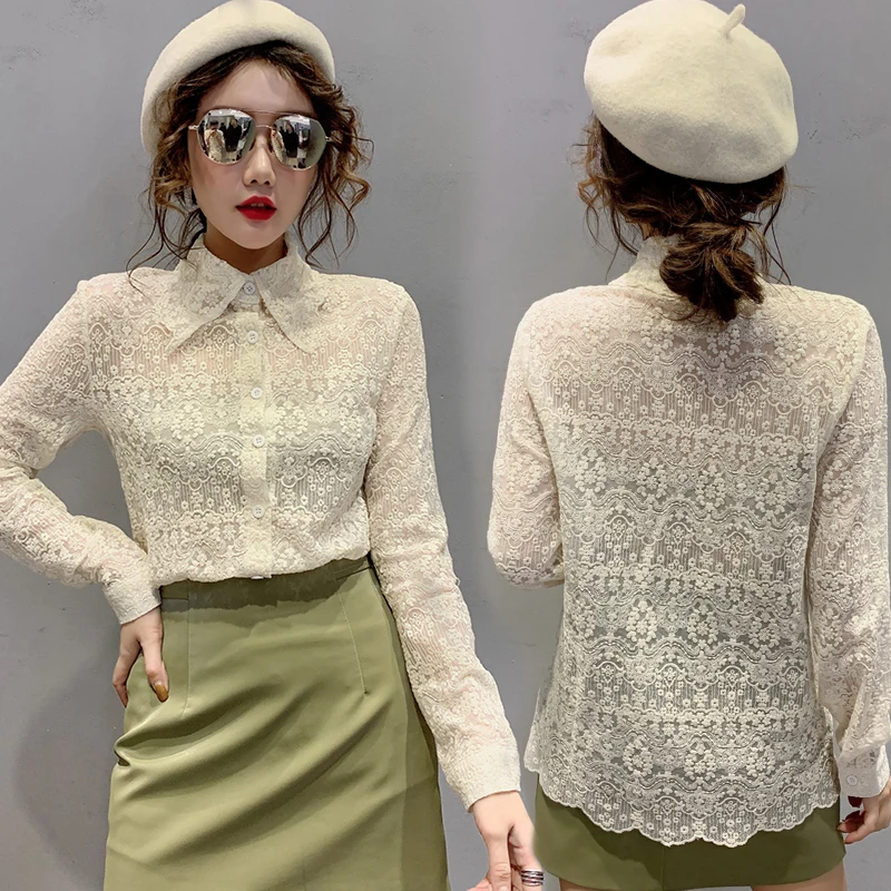 

Spring Autumn European Style Women Long Sleeve Embroidery Lace Shirt Office Casual Button Blouses Tops T0D417N