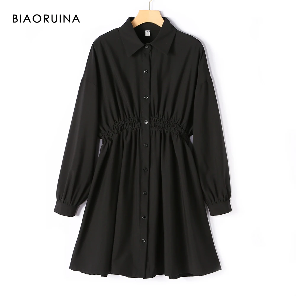 Женское повседневное однобортное платье BIAORUINA черное офисное с высокой талией и