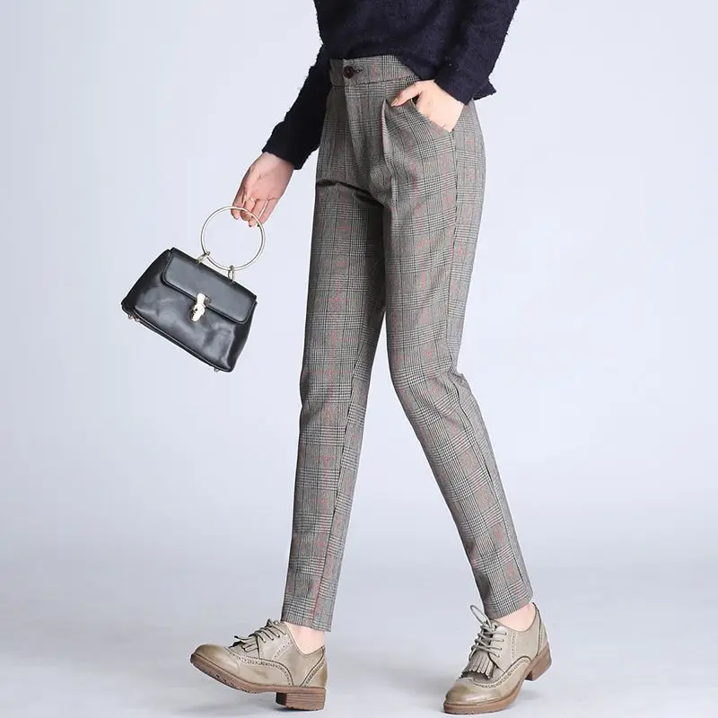 

2020 New Summer Fashion OL High Waist Checkered Womens Trousers Casual Slim Fit Pencil Pantalones De Mujer Plus Size