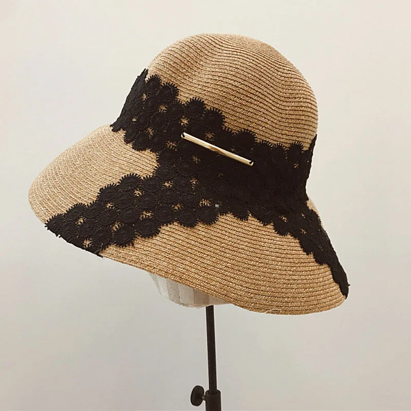 

Women Roll Up Wide Brim Packable Straw Hat White Black Lace Flower Summer Hat Sun Cloche Beach Hat Fedora Derby Travel 55-59cm