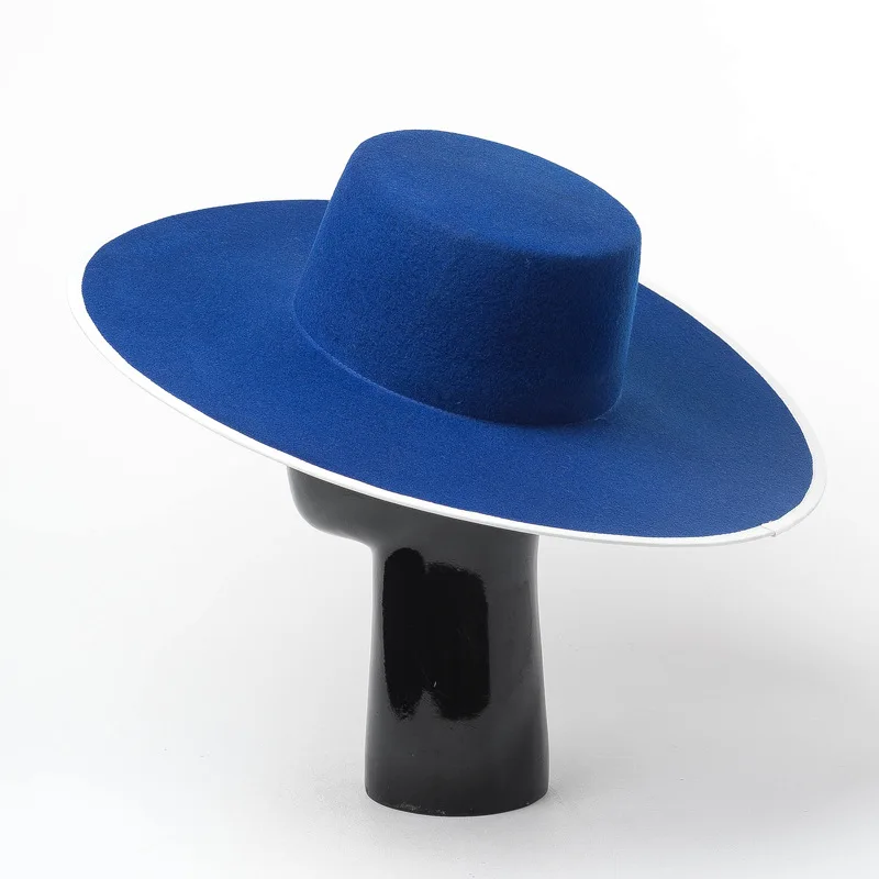 Neue Blau Echt Wolle Flache Fedora Hut Männer Wome einfarbig Große Breite Krempe Fühlte Hut Derby Party Kirche Hut einstellbare Panama Jazz Hut – Detail 3