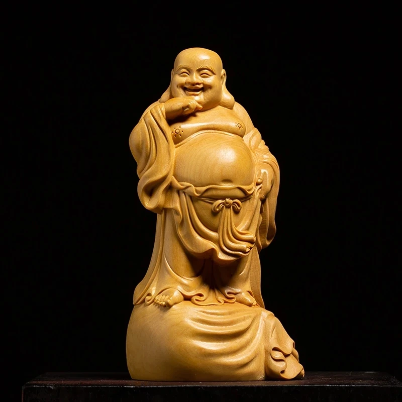 

12CM Big Belly Maitreya Buddha Statue Wood Ornaments Prayer Home Decoration