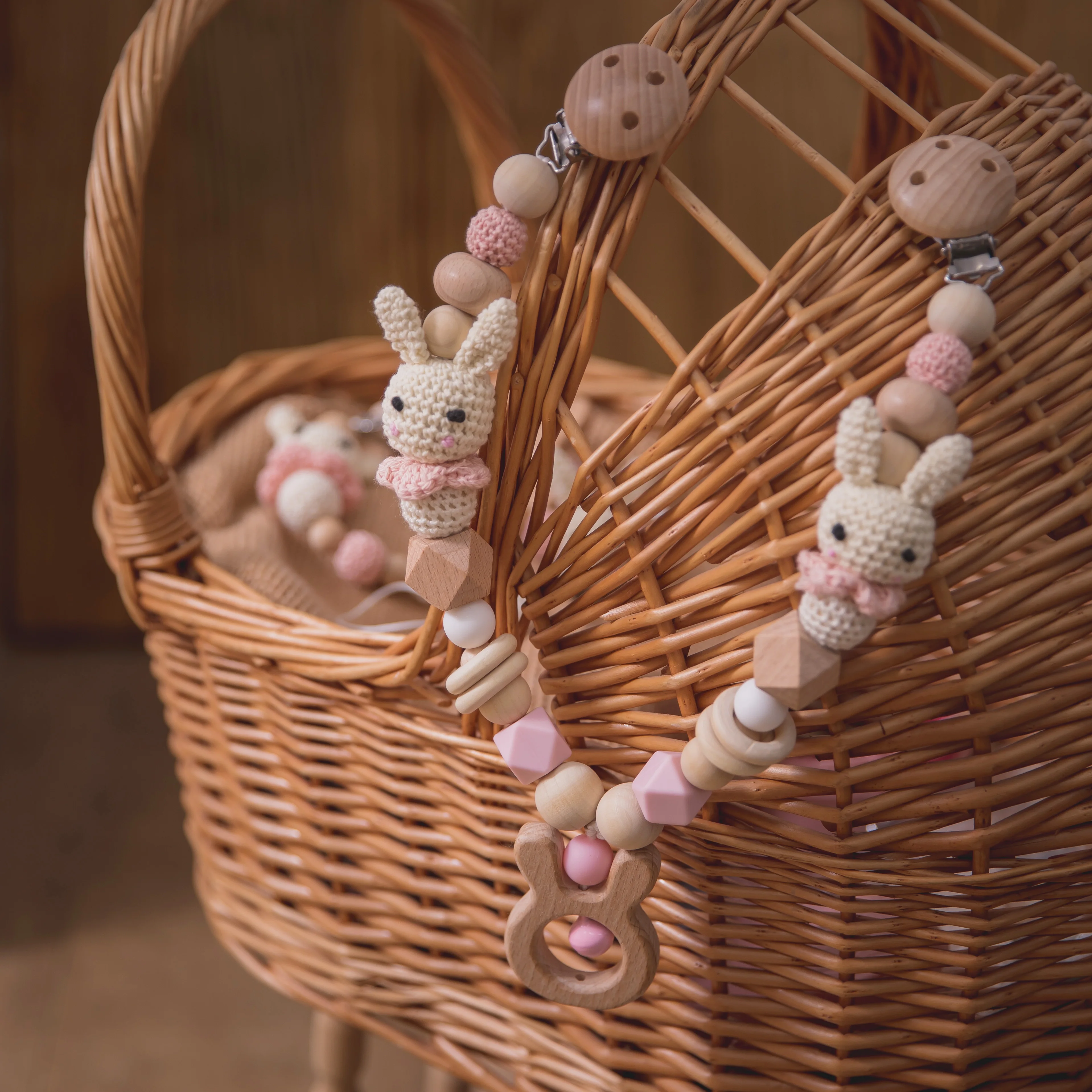 2021Baby Teething Cart Chain Wooden Rabbit Crochet Beads Crib Mobile Stroller Rattle Toys Baby Gym Teething Toy Gift for Newborn