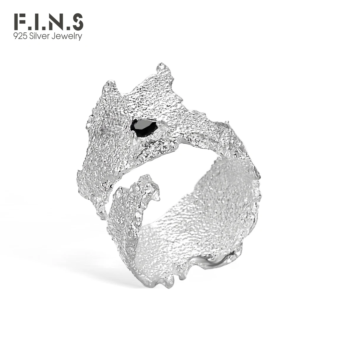 

F.I.N.S Exaggerated Designer S925 Sterling Silver Burned Wrinkle Texture Ring INS Wide Open Black Zircon Index Finger Rings