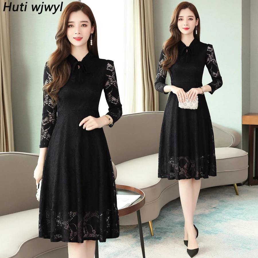 2021 в винтажном стиле Цвет Черный Кружевные платья миди осень зима размера плюс