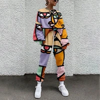 abstract pattern print women 2 piece sets pullovers autumn tracksuit women sportswear elastic waist pants casual loose tops