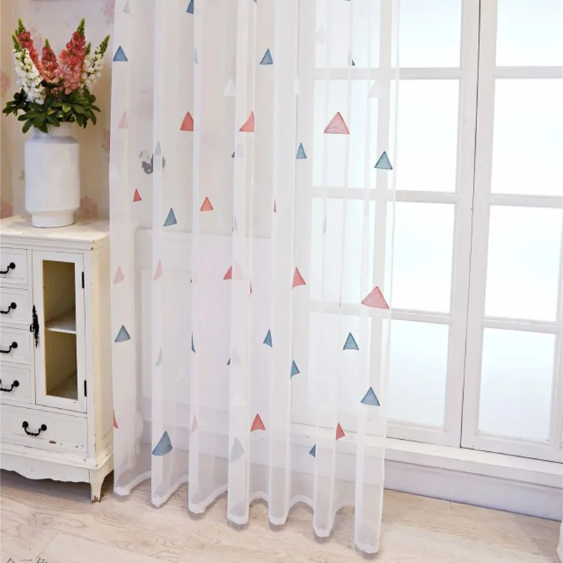 

Modern Geometric Embroidered Tulle Curtain for Living Room Pink/Blue Triang le Window Drapes for Balcony X-ZH038#30