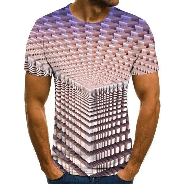 

Новинка 2020, летняя повседневная мужская футболка, топы в трехмерную клетку в стиле Харадзюку, трехмерная спиральная футболка с круглым выре...