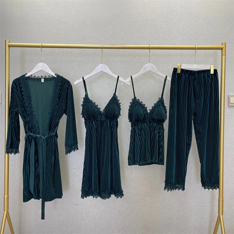 

Velvet Homewear 4PCS Pajamas Suit Autumn New Sleep Set Intimate Lingerie Casual Sleepwear Women Velour Home Clothing Pyjamas