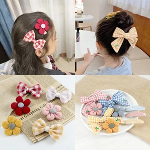 Заколки для волос в клетку с бантом и цветком, милые модные зажимы для девочек, аксессуары для волос, подарок для детей, 2-3 шт.