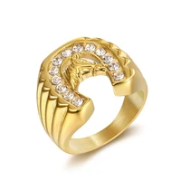 hip hop iced out bling gold color stainless steel ring micro paved cz horse head horseshoe rings for men jewelry dropshipping
