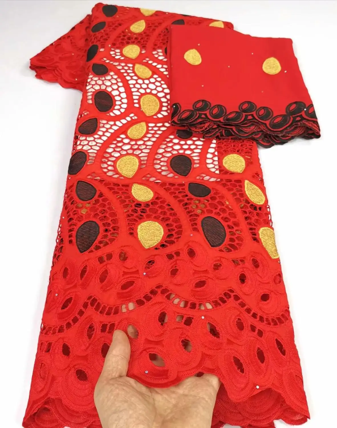

5+2Y Red Wedding African Cotton Lace Fabric With Swiss Voile Material For Dress Set YCV122