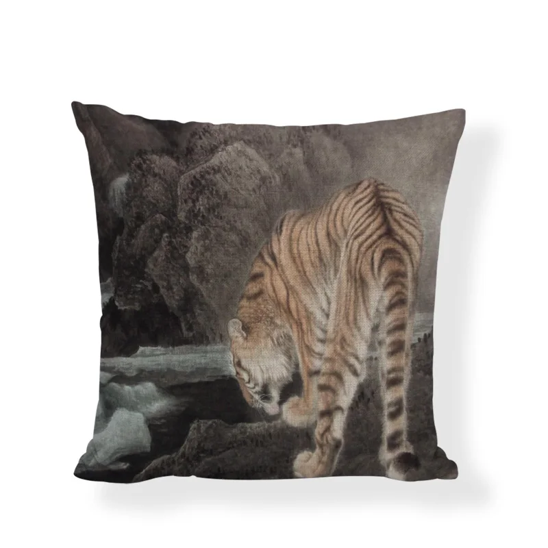 Promotional Ink Color Tiger Pattern Cushion Cover Linen 45*45 CM Simple Fierce Style Pillowcase Furniture Sofa Decoration | Дом и сад
