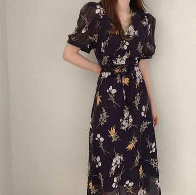 

2020 Summer Korean Fashion Printed A-line Dress Women Short Sleeve V-neck Drawstring Dresses Vintage Elegant Ladies Vestidos
