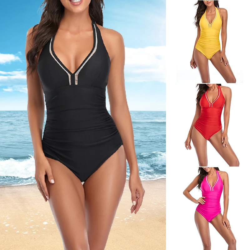 

Women's Body Swimsuit Lace up Halterneck Cover Belly Solid Color without Steel Bracket with Chest Pad for Summer MC889