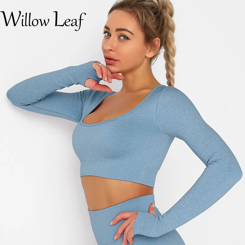 

Willow Leaf Yoga Fitness Long Sleeve Sport Outfits Crop Top Leggings Tracksuit Women Workout Gym Clothing Sportswear