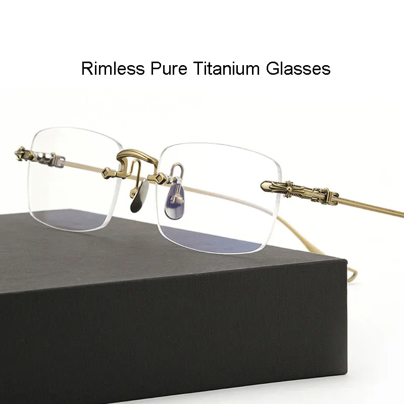 

Rimless Pure Titanium Frame Glasses For Man and Woman Ultra Light Business Style with Hollow Out Temple Legs Myopia Eyewears