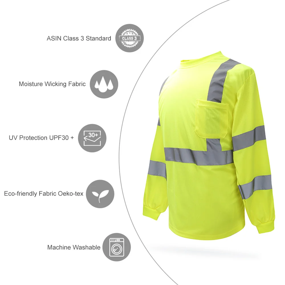 AYKRM Светоотражающие Футболки с длинным рукавом высокой видимости флуоресцентная