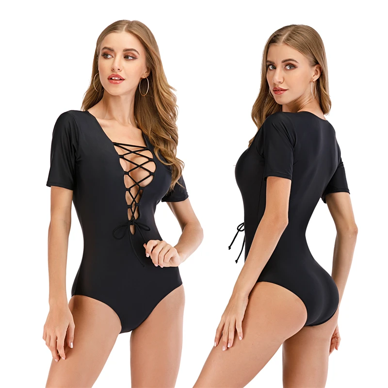 

2021 New Sexy Short Sleeve Monokini Women Deep V Swimsuit Solid Black Swimwear S-2XL Girl Hollow Chest Beachwear Shorty Bodysuit