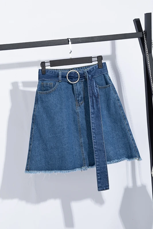 

Houthion New Denim Short Skirt Pocket High Waist Belt Women's Clothing Summer Loose Plus Size Casual Fashion Solid Color