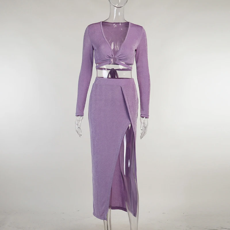 

Fashionsta Sexy Long Sleeve Dress Deep-V High Split Long Dress Solid Party Club Bodycon Women Summer Autumn Casual Vestidos New