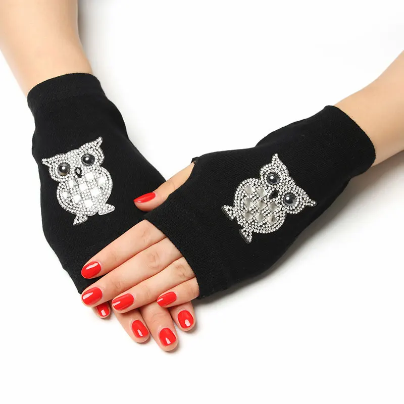 Lady Rhinestone Fingerless Gloves Rose Animals Printed Women Men Winter Warm Knitted Wool Half Finger Computer Mittens | Аксессуары для
