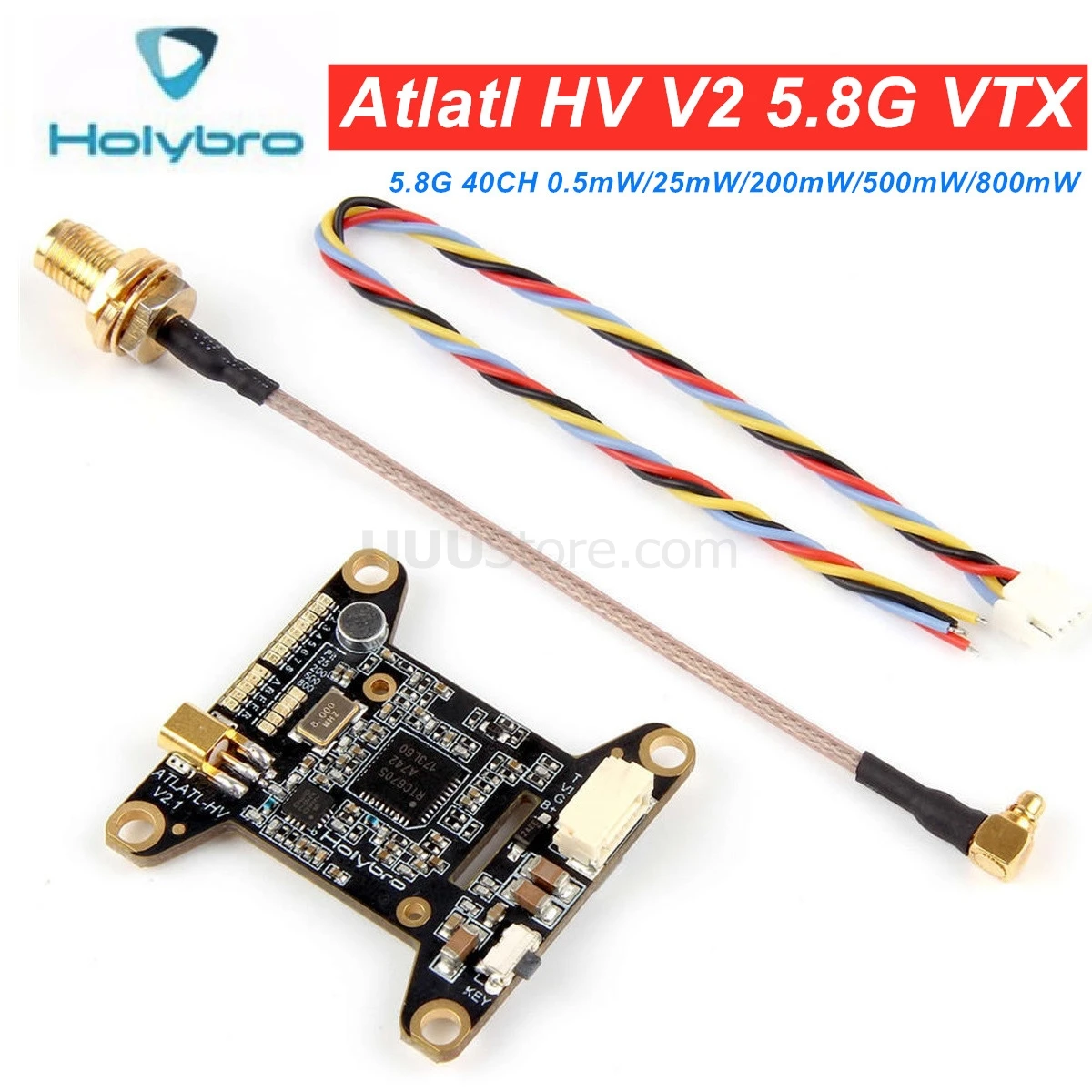 

Holybro Atlatl HV V2 5.8G 5.8G 40CH 0.5mW/25mW/200mW/500mW/800mW Witchable FPV Video Transmitter for DIY Multirotor RC FPV drone