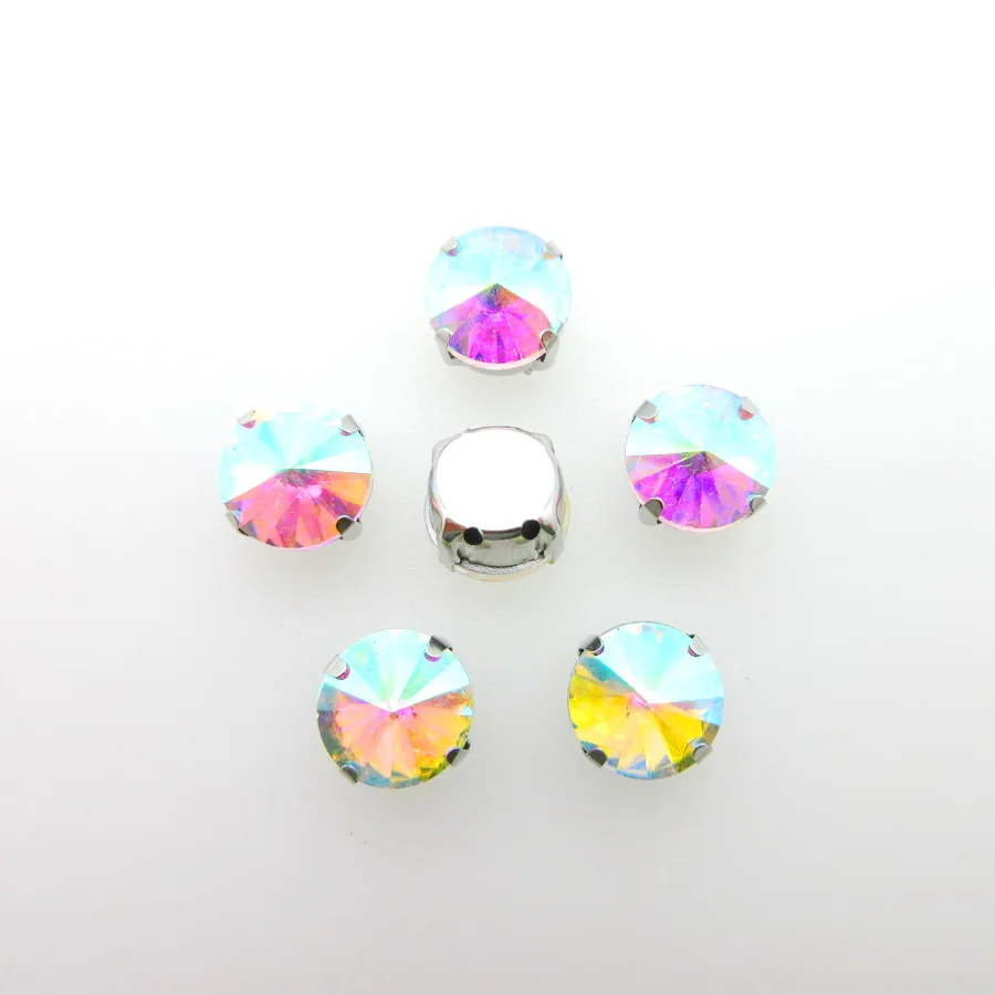 Crystal AB Серебряные коготь настройки 7 размеров блестящие круглые Rivoli Форма стекло Кристалл Стразы flatback пришить стразы обувь, одежда отделка diy - Цвет: Crystal AB