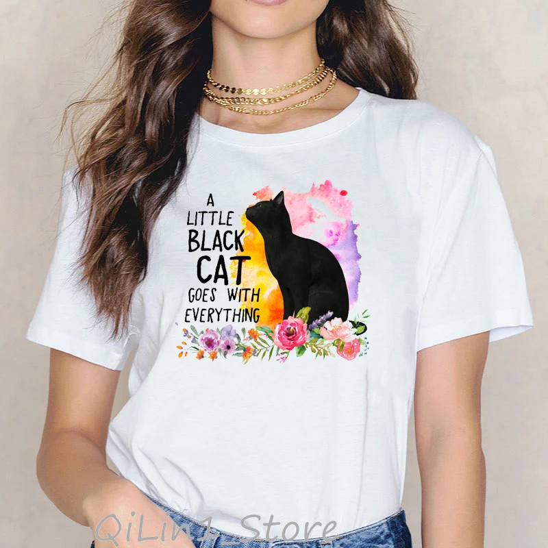 

Женская футболка с рисунком маленького черного кота, футболки с рисунком животных, женская одежда 2020, забавная футболка с розовыми цветами, ...