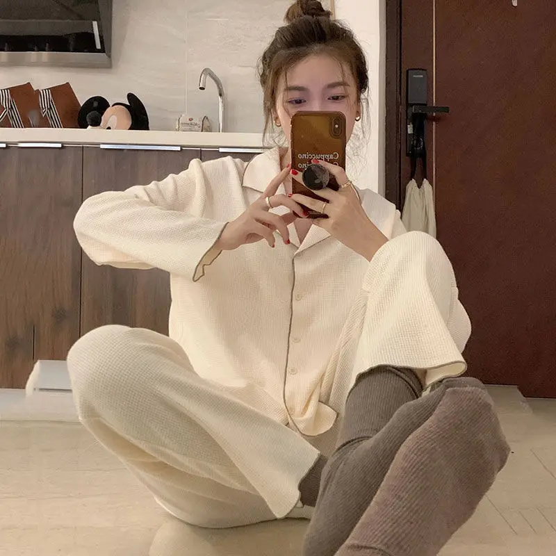 QWEEK Pijamas Women Apricot Green Pink Long Sleeve Trousers Plaid Pajamas Spring Autumn Sleepwear Kawaii Home Clothes Pyjamas