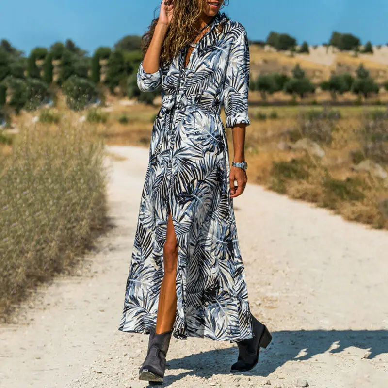 

Women Floral Print Long Shirt Dress Summer Holiday Party Midi Dress Plus Size