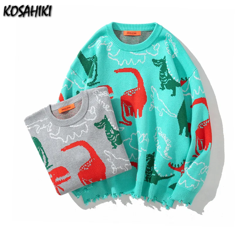 Женский и мужской свитер в стиле Харадзюку Свитер оверсайз виде динозавра
