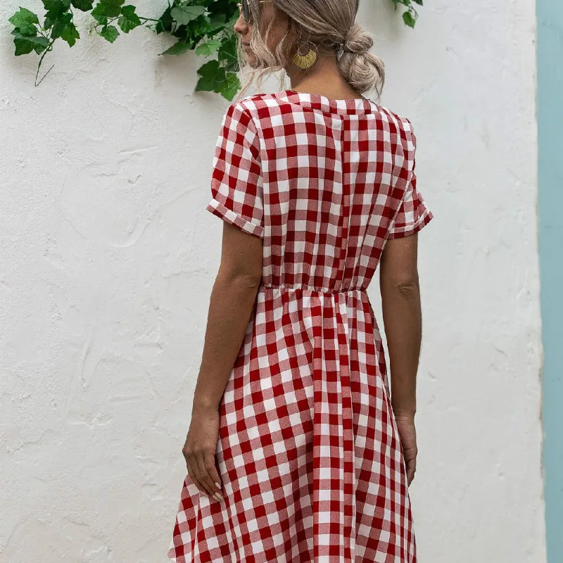 

2020 Spring and Summer New Hot Selling V-neck Plaid Irregular Dress