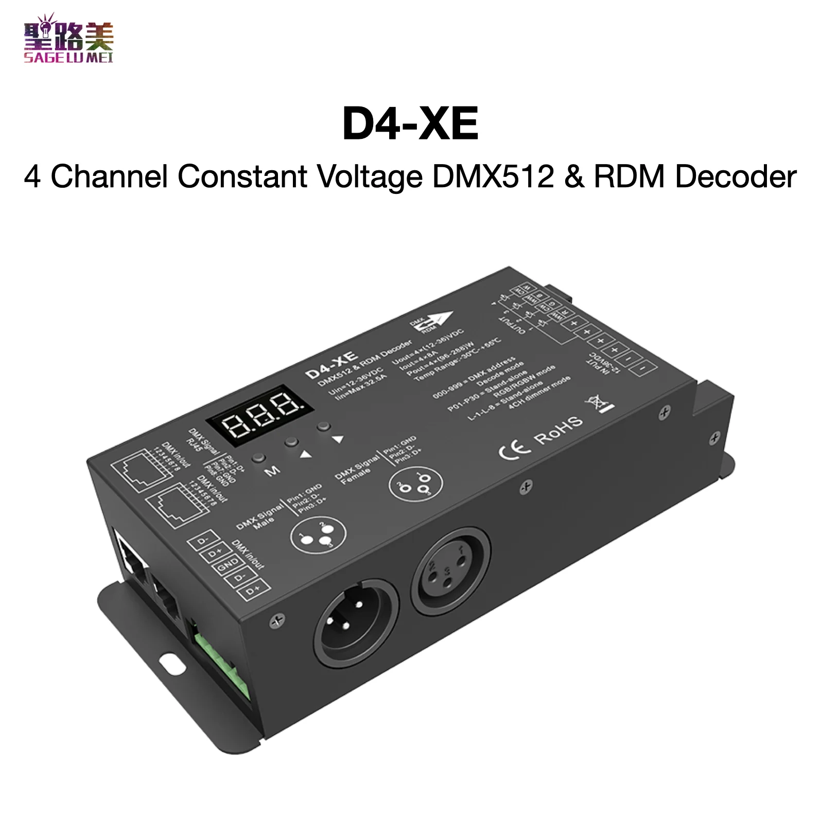 

D4-XE 4 Channel Constant Voltage DMX512 & RDM Decoder 4CH*8A DC12-36V Stand-alone Function Two PWM Frequency Numeric Display
