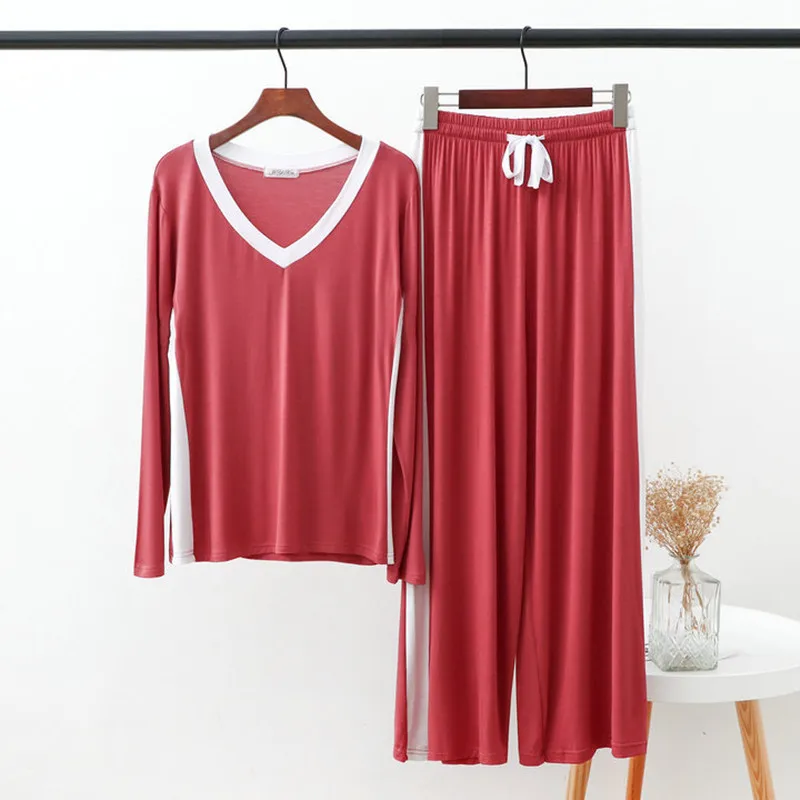 Пижама женская с белыми полосками Весенняя Осенняя комплект из двух предметов |