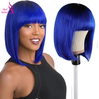 real beauty remy straight short bob wigs ombre blue brazilian human hair wigs for black women machine made wigs with bang
