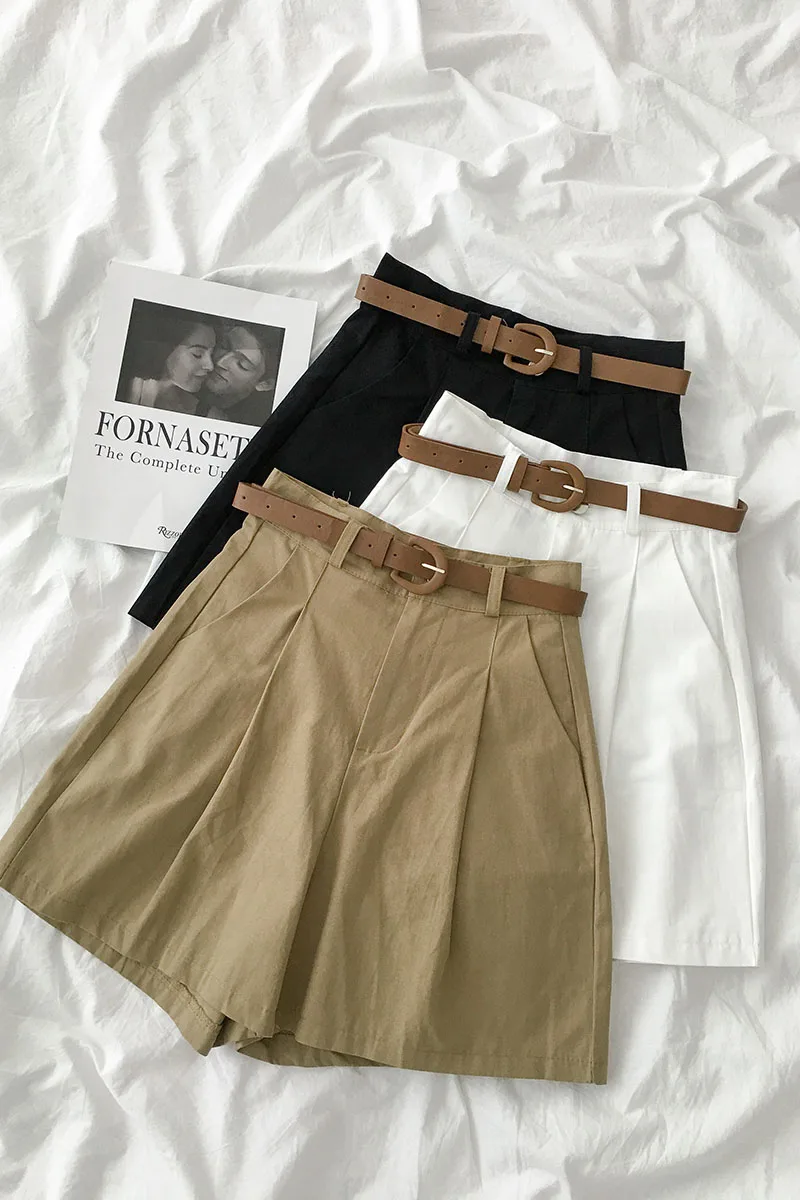 

Temperament casual pants 2021 new summer women's fashion high waist solid color Korean student wide leg short pants