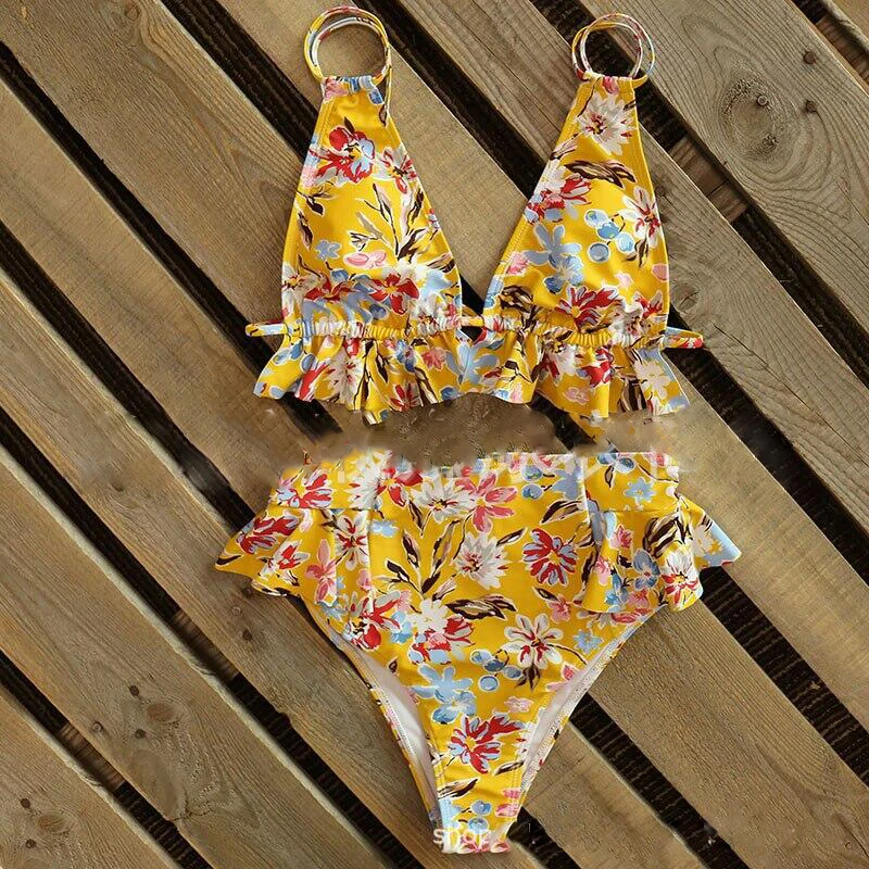 

2020 New Europe And America Sexy Explosions Printed Lace Ladies High Waist Bikini Swimsuit Factory Outlet