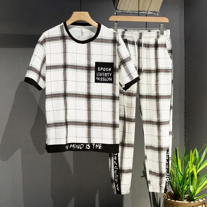 

Summer Breathable Cotton and Linen Casual Suit Men's Square Grid Sports Two-piece Summer Dress