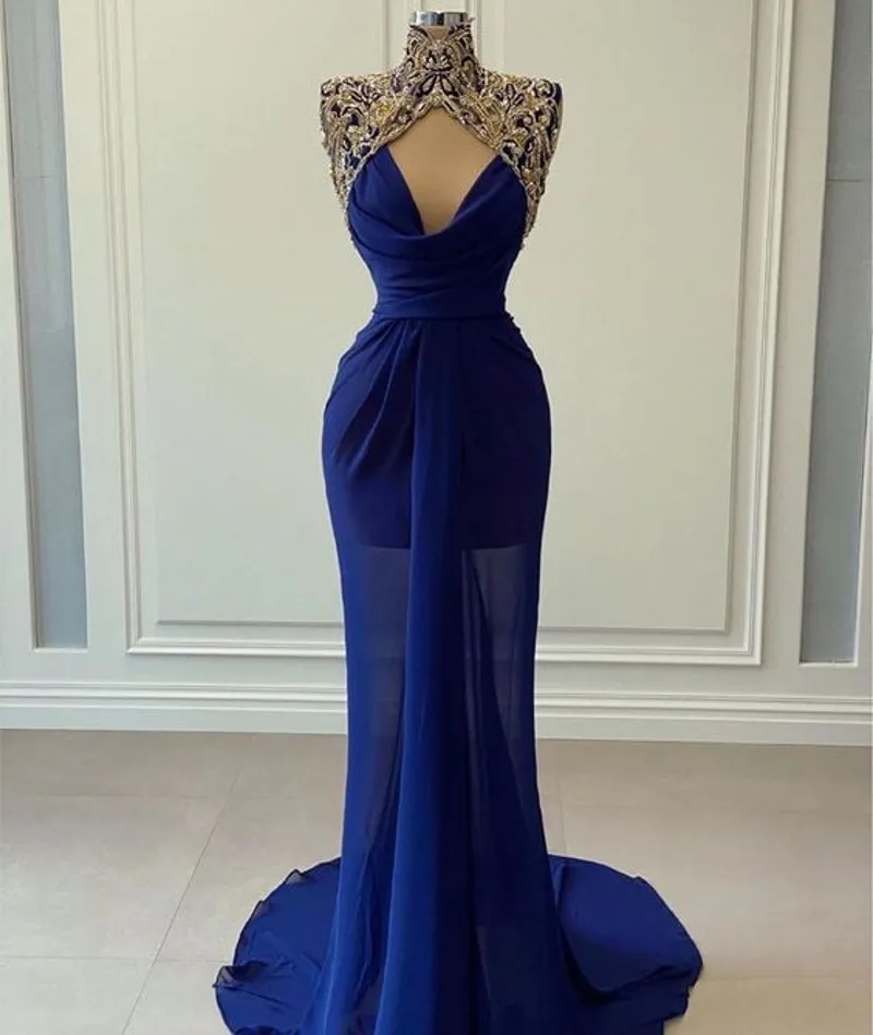 

Vestidos De Graduación High Neck Blue Prom Dresses For Women 2021 Appliqued Beaded Sexy Neck Evening Dress Party Gowns