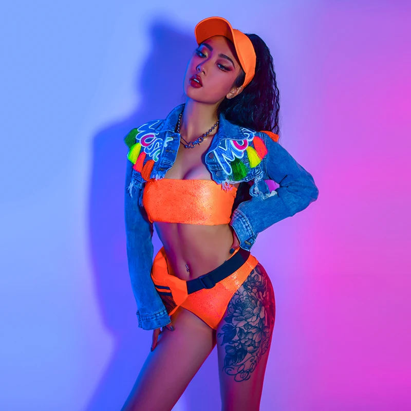 

Sexy Fluorescent Orange Bikini Jacket Suit Nightclub Gogo Jazz Ds Dance Costume Pole Dance Performance Stage Wear Set YS1748