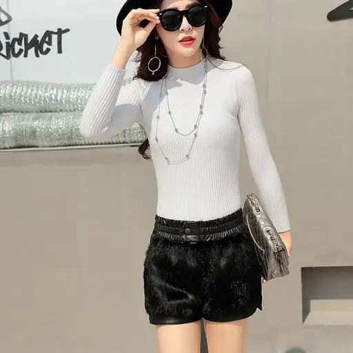 Женские шорты с кроличьим мехом тонкие шерстяные высокой талией сзади модные уличные плотные теплые