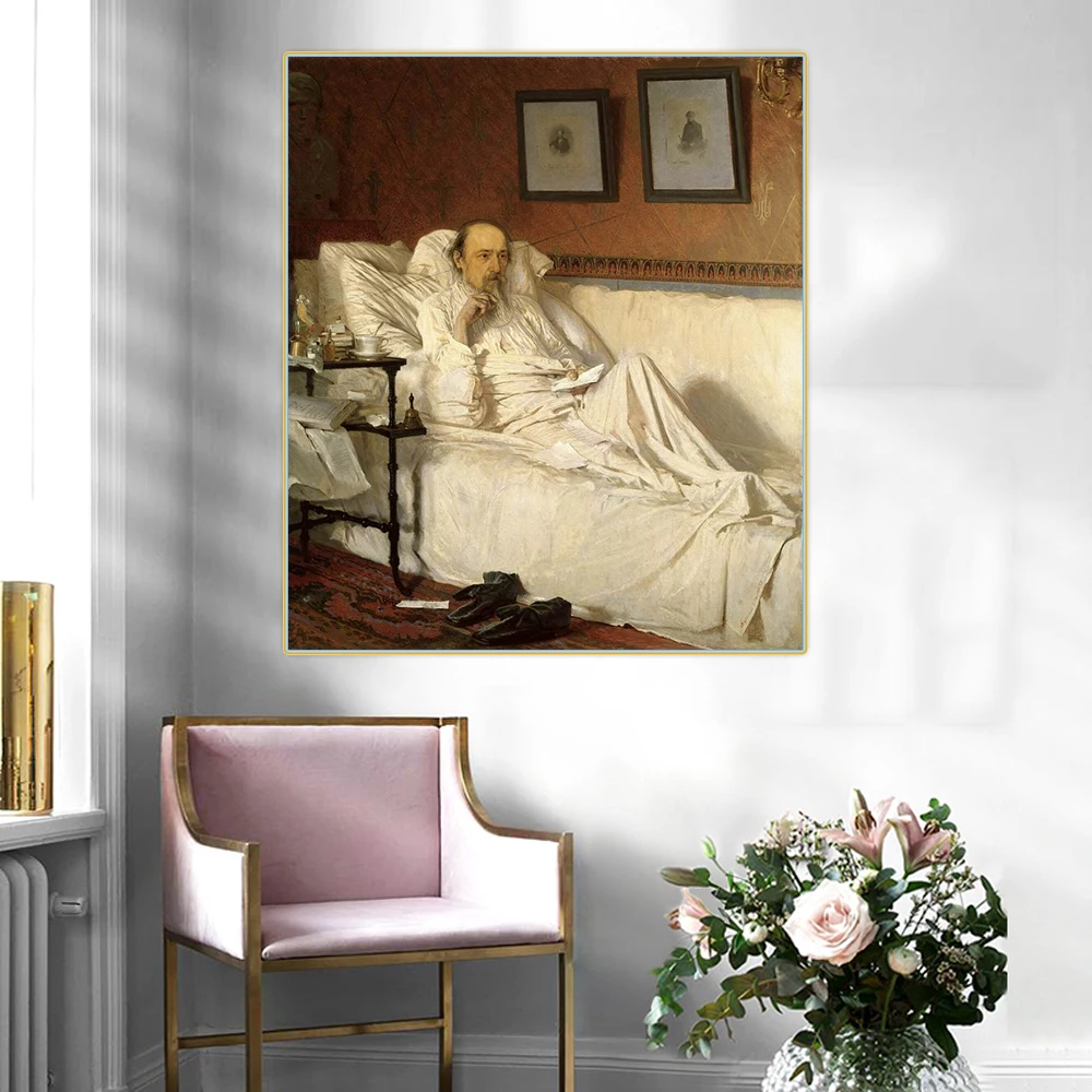 

Holover Canvas Oil Painting Ivan Kramskoy"Nekrasov in bed"Realism-Touring Exhibition School Poster Wall Art Aesthetic Home Decor